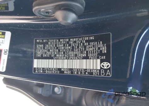 2018 Toyota Corolla Le из США, поврежденный, VIN 5YFBURHE7JP846747